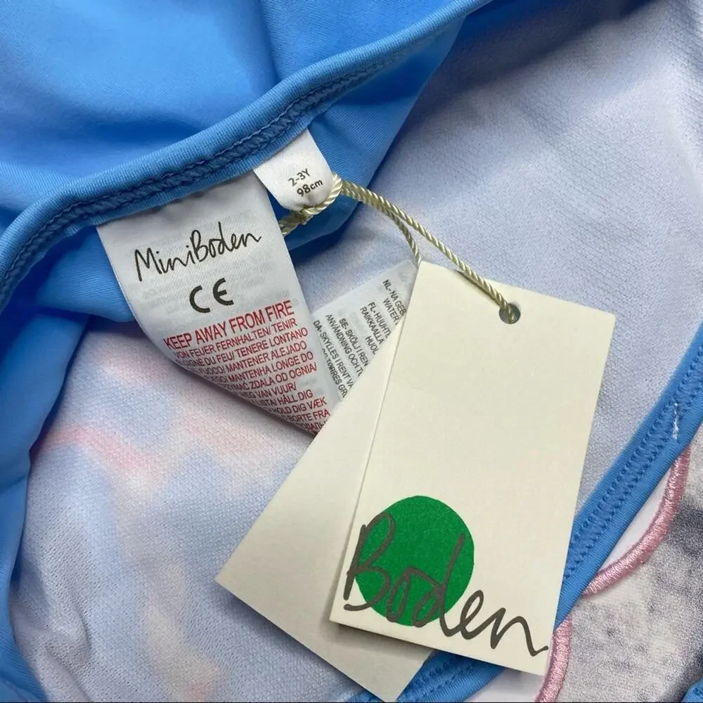 Mini Boden Unicorn Appliqué Swimsuit in Cloud Blue Unicorn
